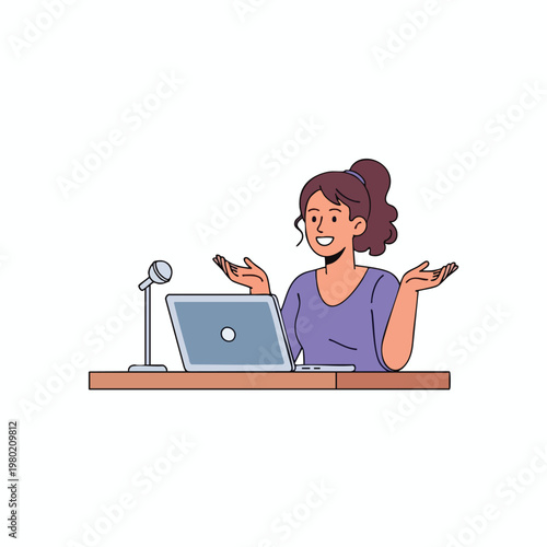 Happy Woman Working from Home at Desk with Laptop and Smartphone