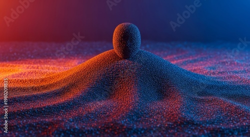 Fine grains of dark obsidian sand slowly covering an indistinguishable form, representing the crushing weight of sorrow and internal isolation, sinking, moody, dramatic