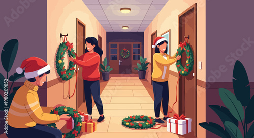 People Decorating Christmas Hallway.
