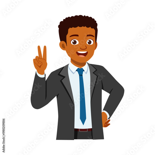 An African American businessman smiling cheerfully and making a peace sign gesture with his hand