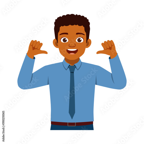Smiling African American man proudly pointing thumbs at himself with a cheerful confident expression wearing a blue shirt and tie