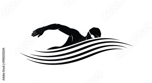 A silhouetted depiction of a swimmer in motion gracefully cutting through stylized water waves