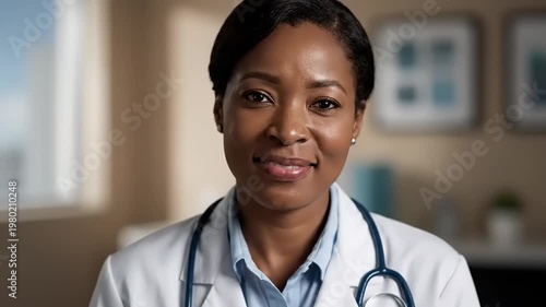 Portrait of a smiling female doctor wearing a stethoscope and lab coat.