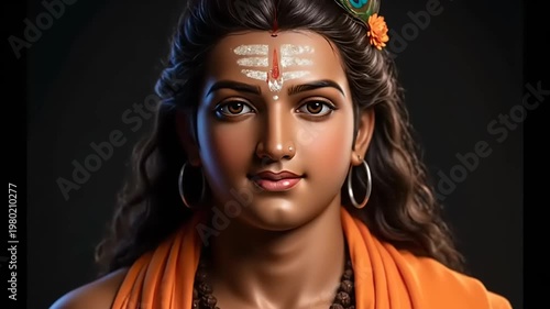Portrait of a Young Hindu Deity with Traditional Markings and Attire.