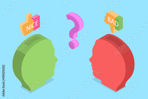 3D Isometric Flat Vector Illustration of Cognitive Perception, Two Viewpoints On A Single Issue, Metaphor From Psychology.