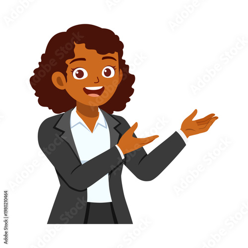 Happy African American businesswoman smiling widely presenting with open hands showing confidence and friendly expression cheerful