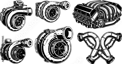 High Performance Automotive Turbocharger Close-Up, Modern Car Engine Part with Metallic Chrome Detail and Cinematic Lighting - Vector Stock 