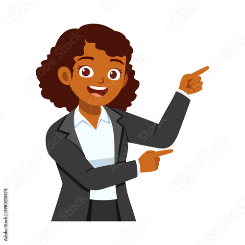 Smiling African American business woman pointing with both hands cheerfully in a professional suit