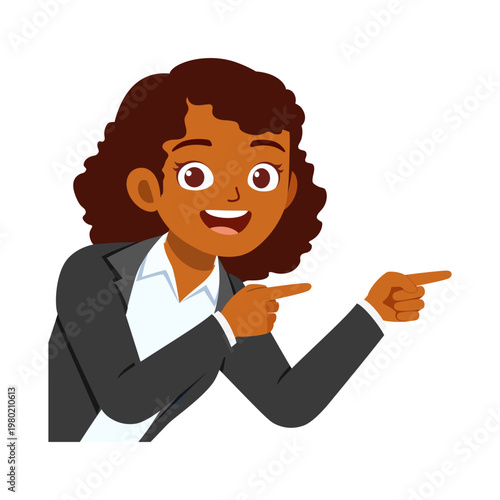 Cheerful African American businesswoman smiling and pointing right with both hands wearing a dark suit
