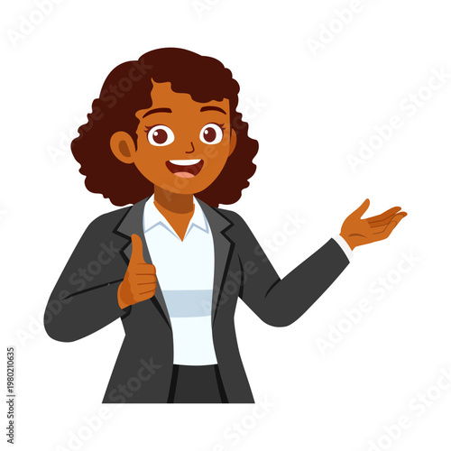 African American businesswoman smiles giving thumbs up and presenting with open hand happy professional expression
