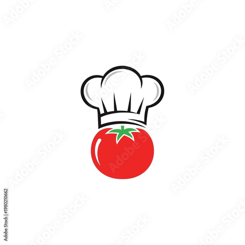 Chef hat on a fresh red tomato logo design illustration.