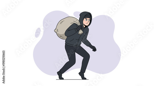 A burglar in a black hoodie sneaking away while carrying a large sack of stolen goods, crime and security concept illustration.