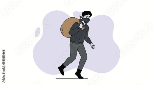 Masked Burglar Character Carrying Heavy Sack of Stolen Loot Vector Illustration