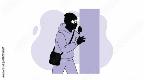 Mysterious Thief in Balaclava Peeking Around a Wall Corner Vector Illustration for Cyber Security and Crime Concepts