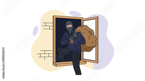 Masked Burglar Escaping Through Window with Sack of Stolen Goods Illustration