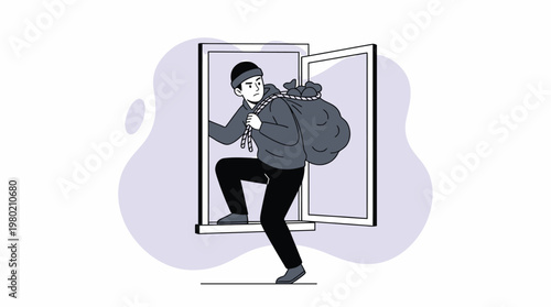 Thief Sneaking Out of Window with Stolen Goods in Sack Flat Vector Illustration