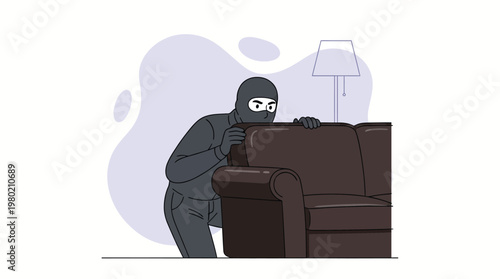 Burglar Wearing Black Mask Hiding Behind Sofa in Living Room for Home Robbery Concept