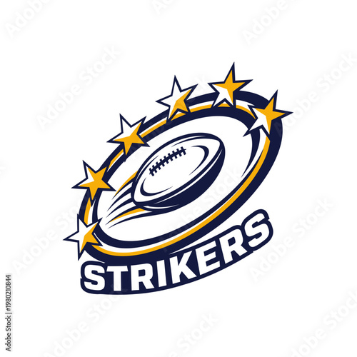 Rugby Ball Strikers Logo with Stars and Oval Orbit.