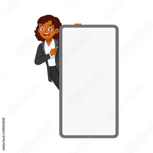 Happy African American business woman peeking and pointing at blank vertical sign board friendly smile