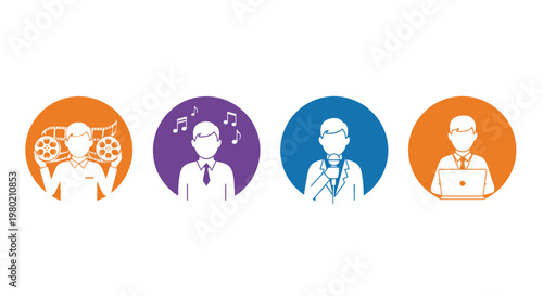 Four colorful circular icons represent different professions filmmaking music public speaking and technology