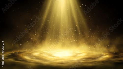 A golden beam of light shines through a misty, swirling haze, creating a mystical and radiant atmosphere filled with floating particles.