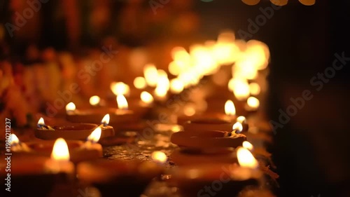 Row of Oil Lamps Lit During a Festival Celebration.