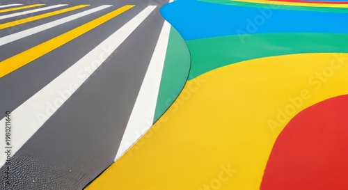 A visual transition between a smooth gray asphalt road with painted stripes and a bright colorful playground with soft rubber safety tiles, safety, architecture, green