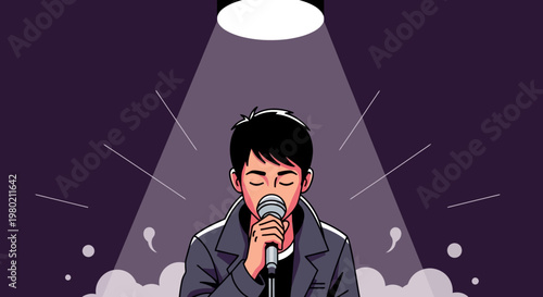 Emotional solo performance by a male vocalist under a dramatic spotlight, captivating the audience with passionate music and heartfelt song on stage
