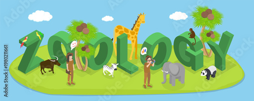 3D Isometric Flat Vector Illustration of Zoology, Study of Living Conditions Wild Animals in Wildlife