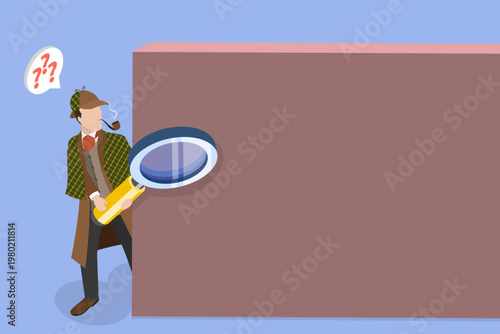 3D Isometric Flat Vector Illustration of Mystery Detective, Detective Uncovering A Mystery Behind A Wall.