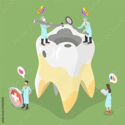3D Isometric Flat Vector Illustration of Dental Treatment, Skilled Dentists Caring For Decay In Molar Tooth