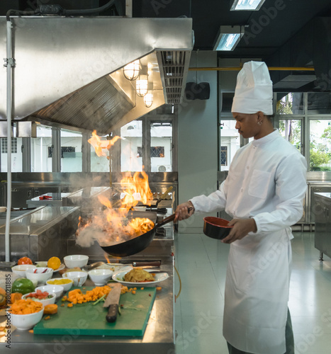 Foto Professional chef white uniform skillfully cooking with high flames sleek, modern commercial kitchen