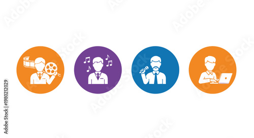 Four circular icons representing different professions film music public speaking and computing