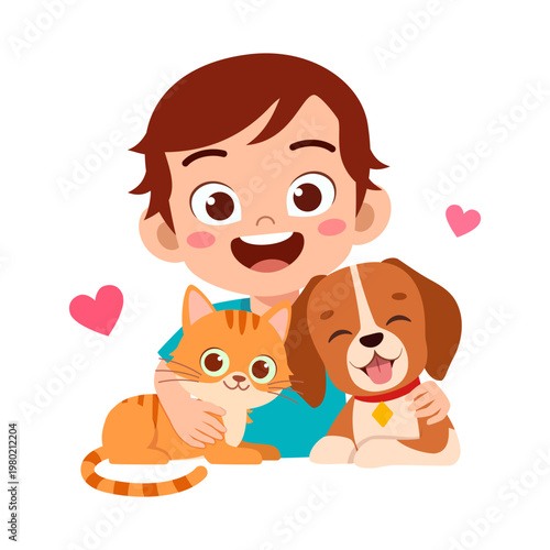 Happy boy hugging his cute cat and dog with hearts around illustrating love and friendship