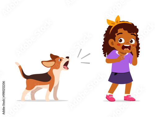Brown skin little girl looking scared and surprised while a small beagle dog barks loudly at her
