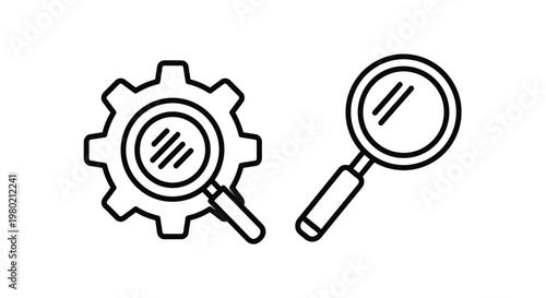 A minimalist black and white illustration featuring a gear with a magnifying glass and a separate magnifying glass