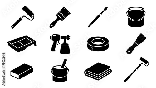 Painting Tools Silhouette Set, House Painter Equipment Icons, Paint Roller Brush and Contractor Tools Vector