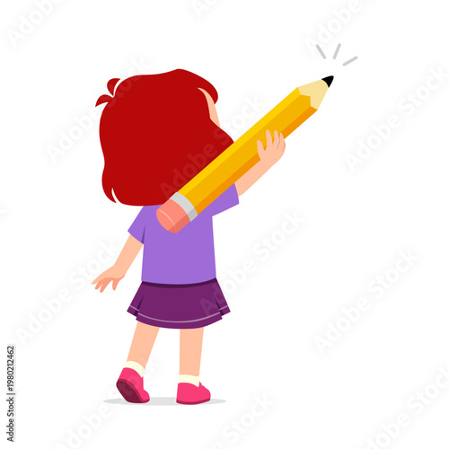 Little child with red hair holding a giant yellow pencil drawing learning or creating on white background