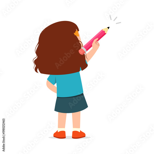 A young girl with brown hair seen from behind holding a large pink pencil ready to draw with an imaginative and focused mood