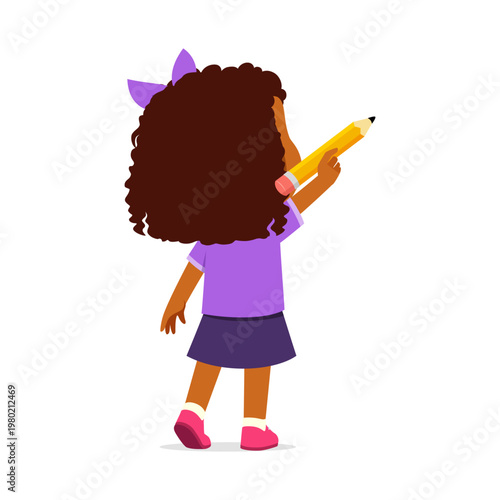 Black girl with curly hair and purple bow holding a yellow pencil ready to write or draw with focused attention