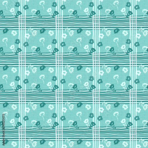 Aqua Blue Floral Country Stripes Seamless Repeat