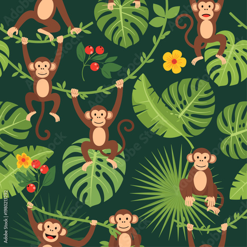 Monkeys Hanging From Tree Branches Playfully.
