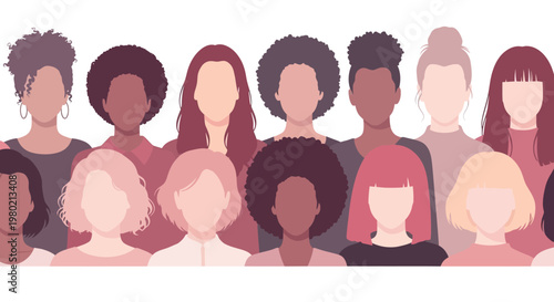 Diverse group of women with varying hairstyles and skin tones illustrated in a minimalist style