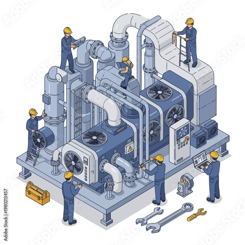 Industrial maintenance crew working on large machinery isometric illustration.