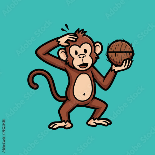Brown monkey holding a coconut.