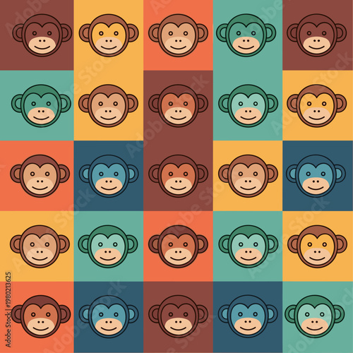 Colorful monkey faces in squares.
