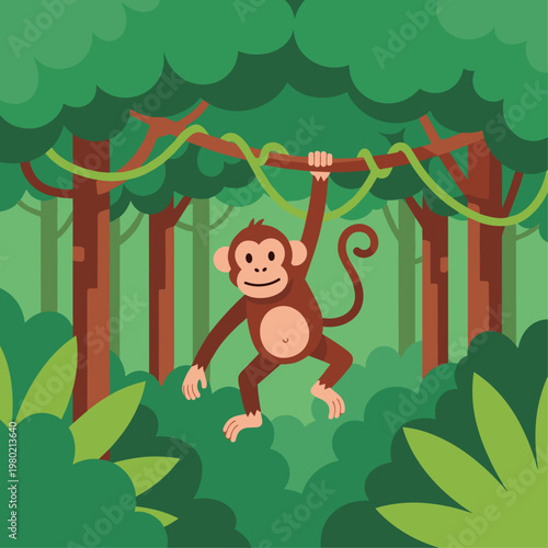 Monkey hanging from a branch swinging.