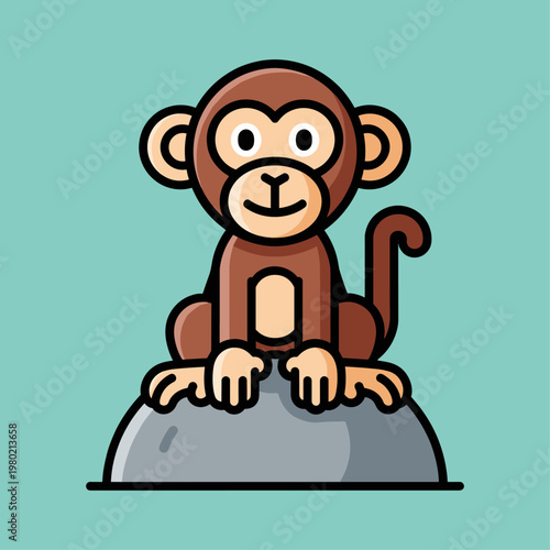 Brown cartoon monkey sitting on rock.