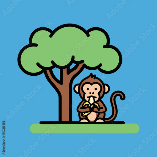 Brown monkey sitting under tree eating.