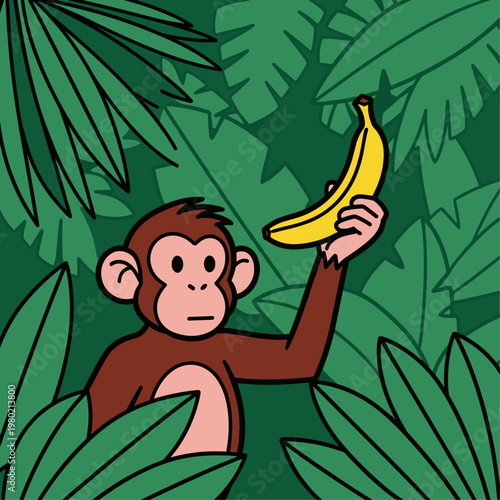 Monkey holding a yellow banana fruit.